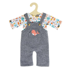 Heless dungarees with a colorful whale pattern bib, gray textile overalls, and pink fish-shaped pocket design.