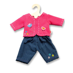 Heless jacket with jeans for dolls, featuring pink knitted fabric, blue denim, and colorful embroidered birds and flowers.