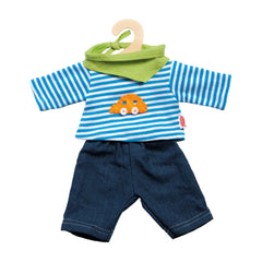 Heless doll outfit features a light blue striped shirt with green collar and pocket, paired with dark blue shorts and visible