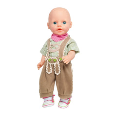 Heless knickerbocker doll set features a plush body, textured clothing, and light blonde hair with bright blue eyes.