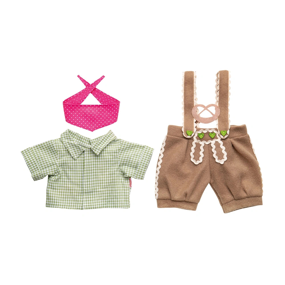 Heless knickerbockers with green polka dot shirt and pink bow, featuring detailed pockets and adjustable waistbands.