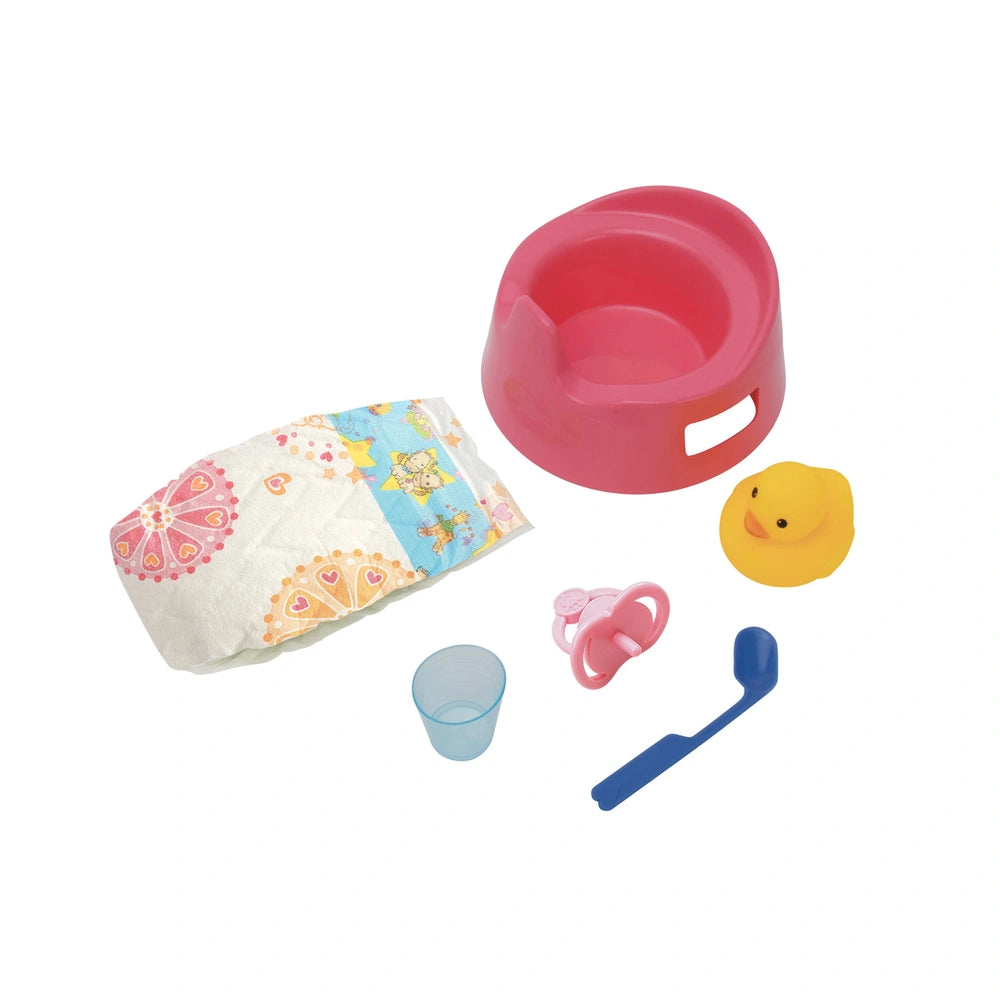 Heless potty set includes a pink bowl, yellow duck, blue spoon, and a colorful patterned cloth for dolls and playsets.