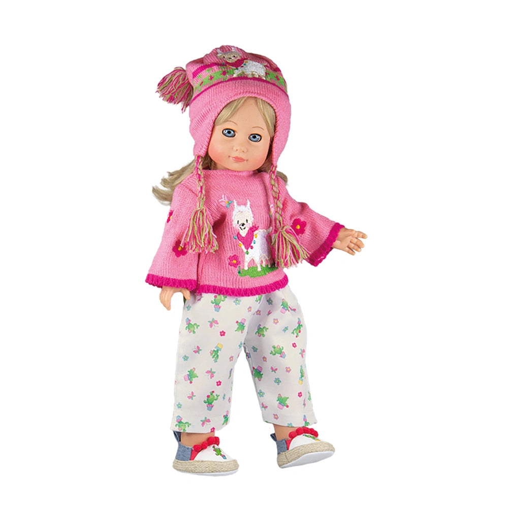 Heless Alpaca Oscar doll with long blonde hair, wearing a pink knitted hat, sweater, floral pants, and patterned shoes.