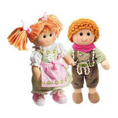 Heless Seppl Soft Doll features orange yarn hair, pink dress and scarf, green shirt, floral apron, and pink shoes.