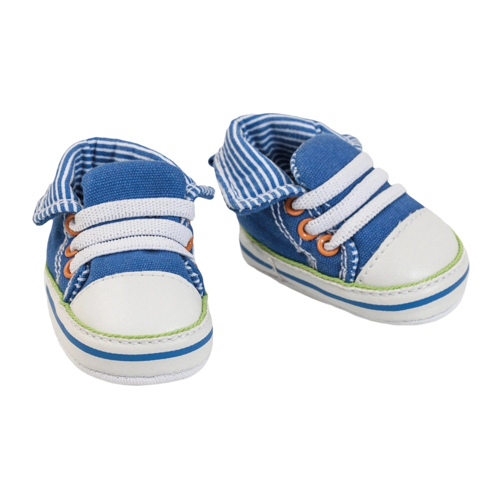 Heless blue sneakers for dolls feature a white sole, orange laces, and green trim, available in sizes 38-45 cm.