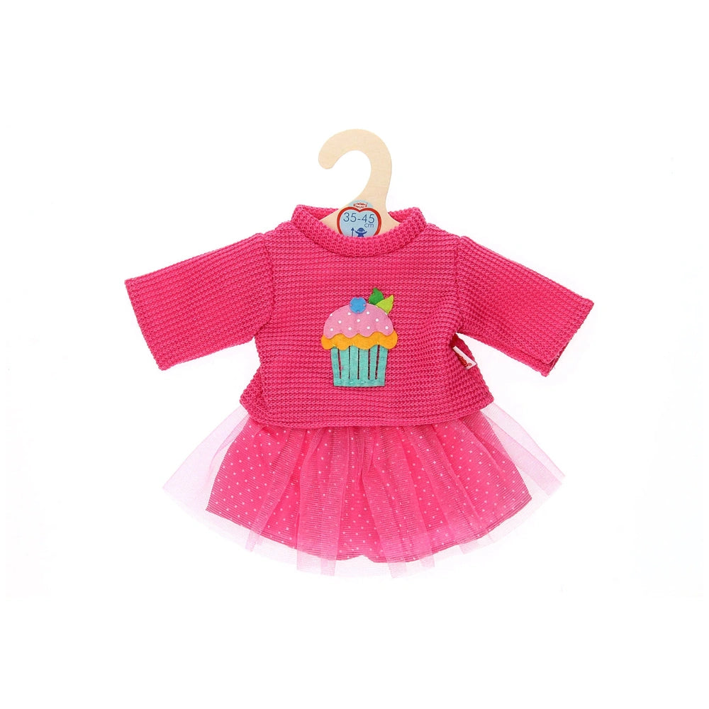 Heless pink sweater and cupcake skirt for dolls, featuring polka dots, attached hanger, and internal tag with price and brand