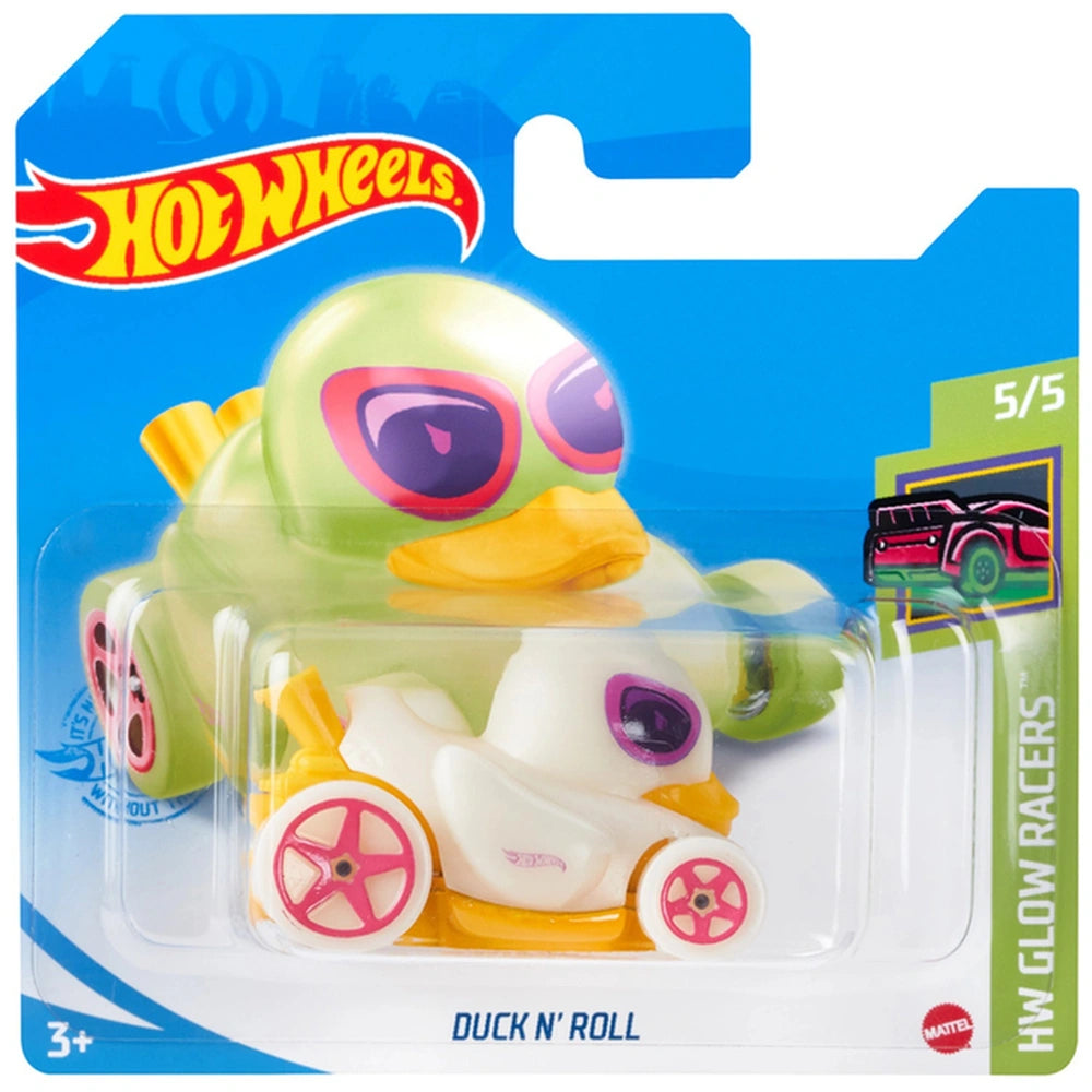 Hot Wheels Duck 'N Roll 1:64 die cast vehicle in green with pink wheels, goggles, and glossy blue packaging.
