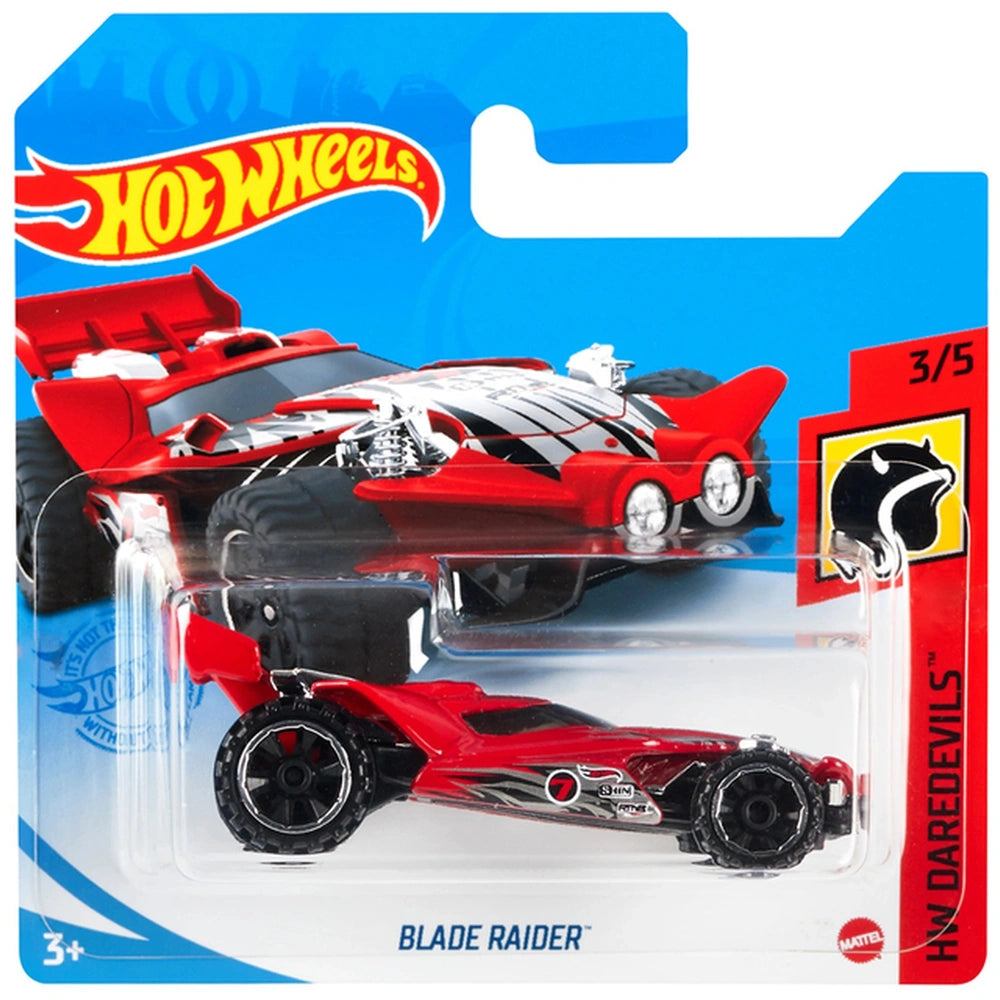 Hot Wheels HW Racing Track single vehicle pack features a red Blade Rider die-cast toy car on glossy blue packaging.