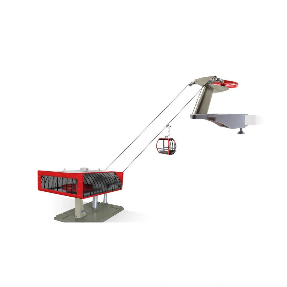 Jagerndorfer Black-Red Cable Car model features a red metal structure, clear plastic window, gray base, black belt, and silve