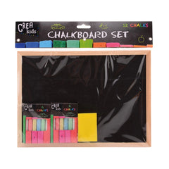 Crea Kids Chalkboard set in black packaging features a clear window, two colorful chalks, and a yellow eraser.