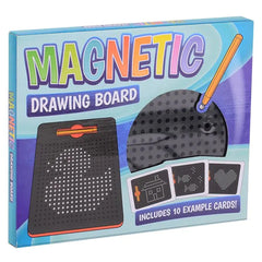 Johntoy Magnetic Drawing Board Playset features a blue background, orange board, black accents, yellow pencil, and example ca