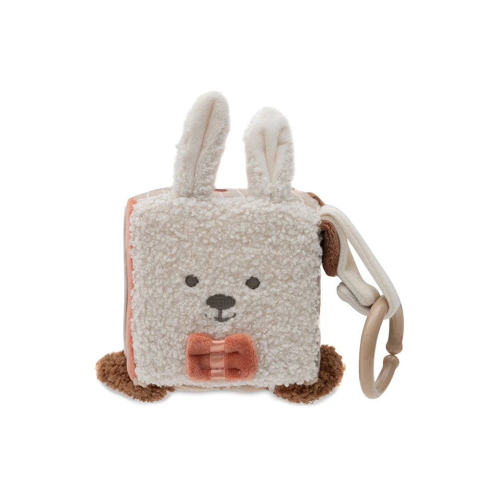 Jollein Activity Cube features a bunny with ears, eyes, nose, mouth, and bow tie, designed for baby play and engagement.
