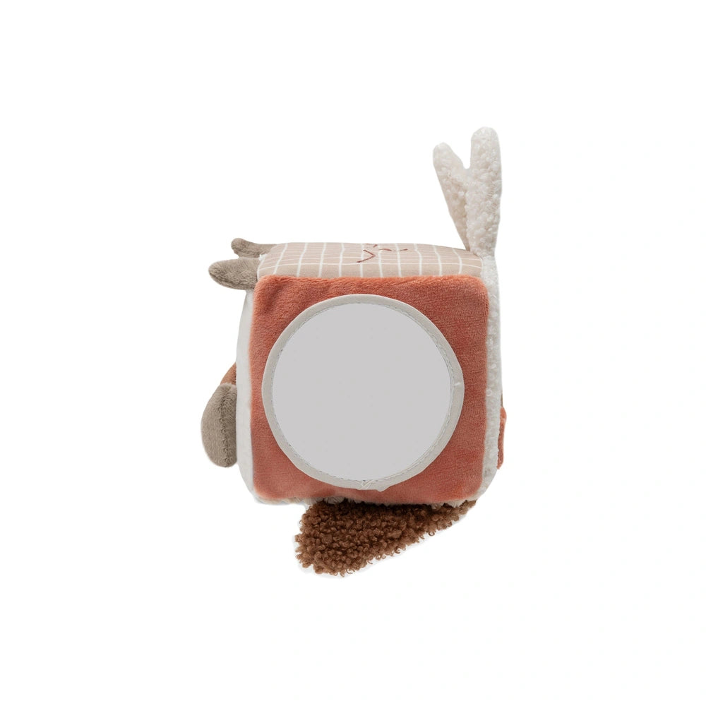 Jollein Activity Cube features soft orange and white fabric with a white circular top and a brown fuzzy bottom surface.