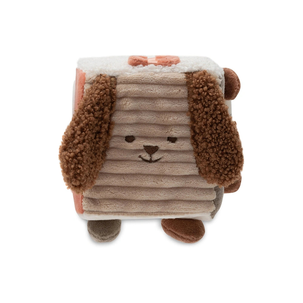 Jollein Activity Cube Animal Friends features a small brown plush toy with a smiling face, ears, tail, and two feet.