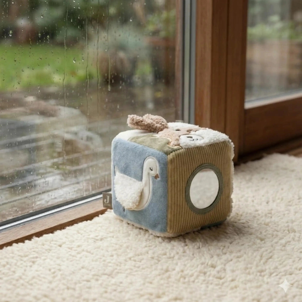 Jollein Activity Cube Tiny Park features plush blue and white toys, including a bird and bear, on a wooden window sill.