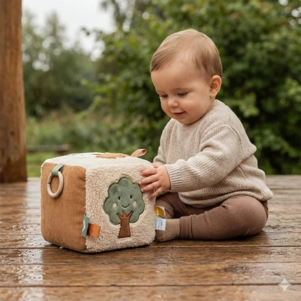 Jollein Activity Cube Tiny Park on a wooden floor, with a baby in brown clothing and a green and brown tree design toy.