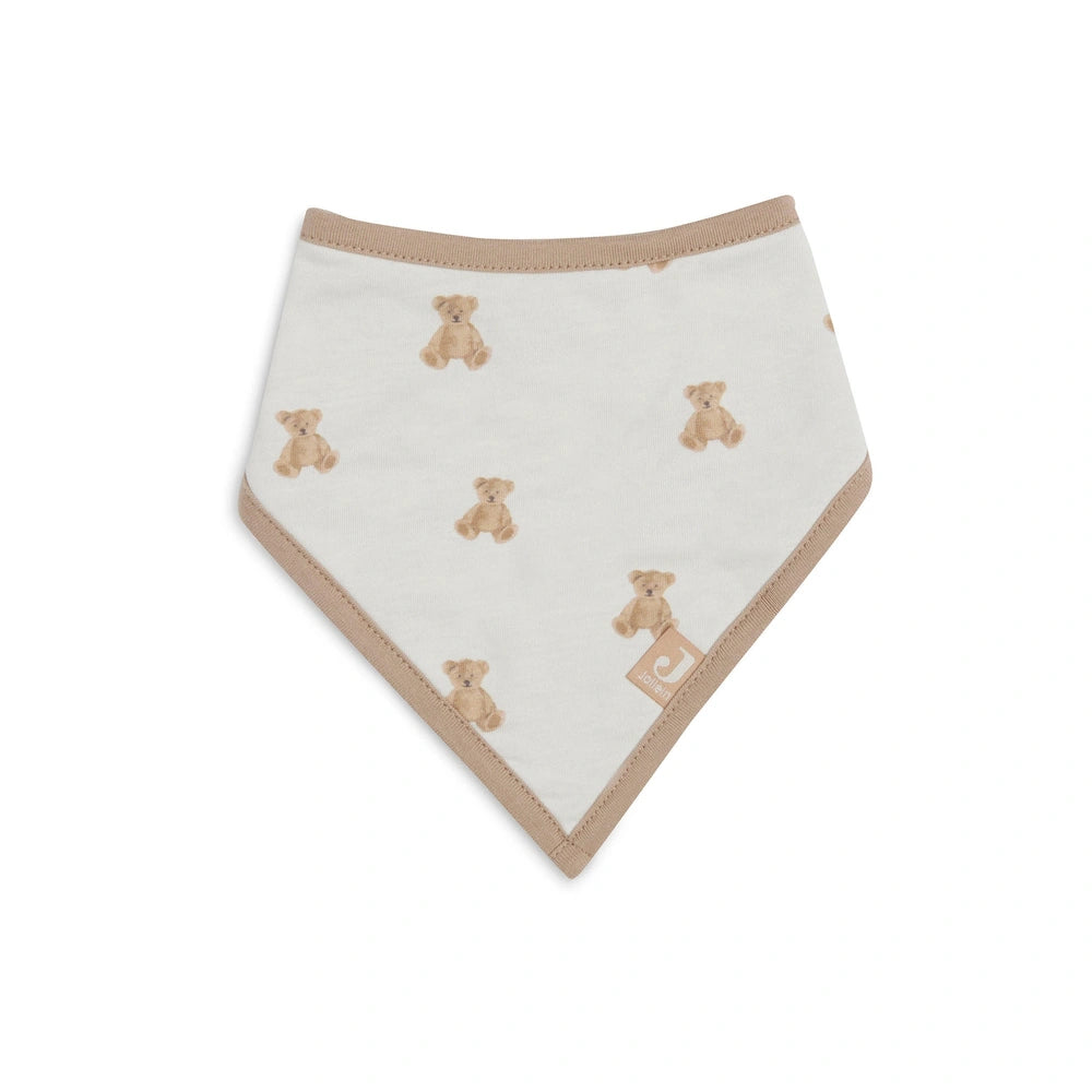 Jollein Bib Bandana Teddy Bear 2 Pack features lightweight beige fabric with light brown teddy bears at the corners and scall
