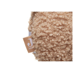 Jollein Musical Hanger Teddy Bear made of soft light brown curly fabric with a label reading "JOLLY" and a stylized letter "J