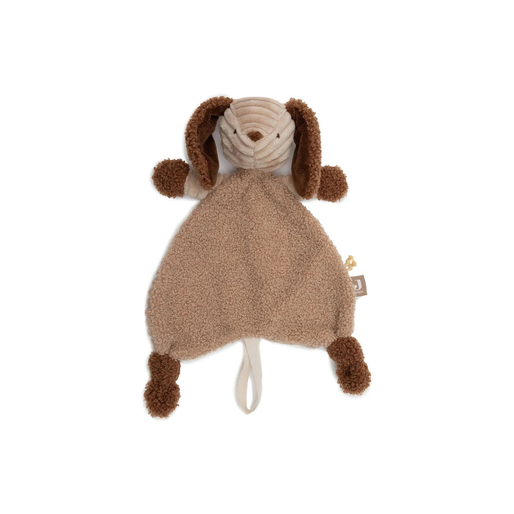 Jollein Pacifier Cloth Animal Friends features a plush dog toy with a brown body, white snout, and paws, ideal for babies.