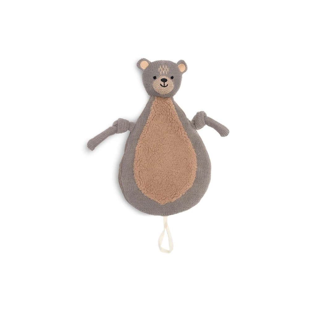 Jollein pacifier cloth bear in soft, muted brown with grayish-blue stripe and small white string around its neck.
