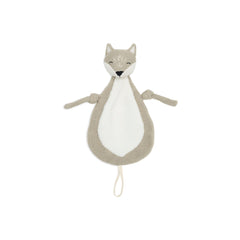Jollein pacifier cloth fox made of gray knitted fabric with a white belly and gray paws, featuring lighter gray ears.