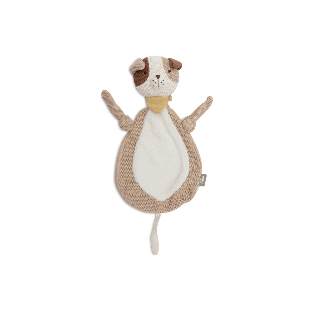 Jollein Pacifier Cloth Mick features a knitted cat plush toy with a white belly, brown ears, paws, and a yellow collar.