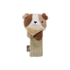 Jollein wrist rattle features a brown and white teddy bear holding a light beige scarf with a tag reading "Jolly."