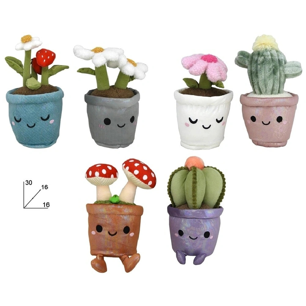 Kawaii potted plant plush assortment featuring six unique, colorful fabric plants in textured pots arranged in two rows.