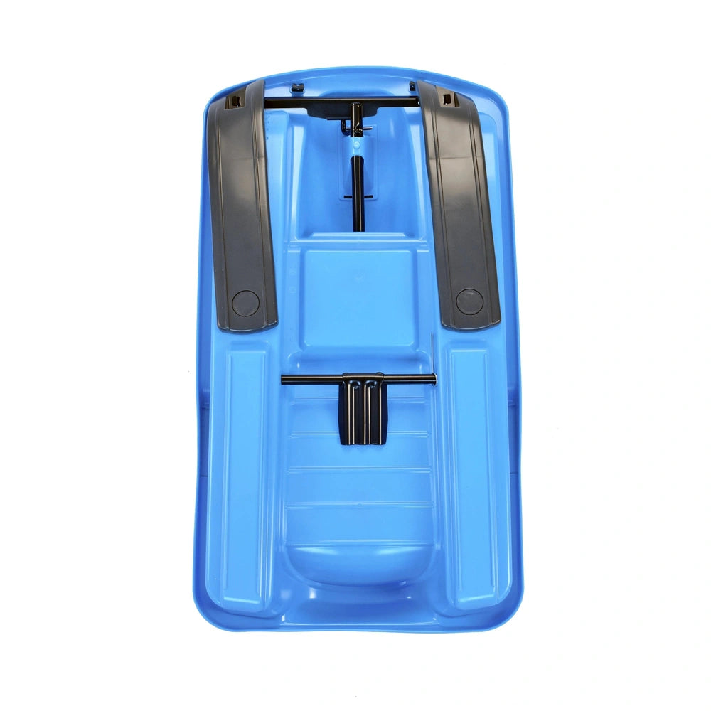 KHW Snow Fox Sled in blue plastic features a smooth finish, top handle, and multiple black straps and buckles.