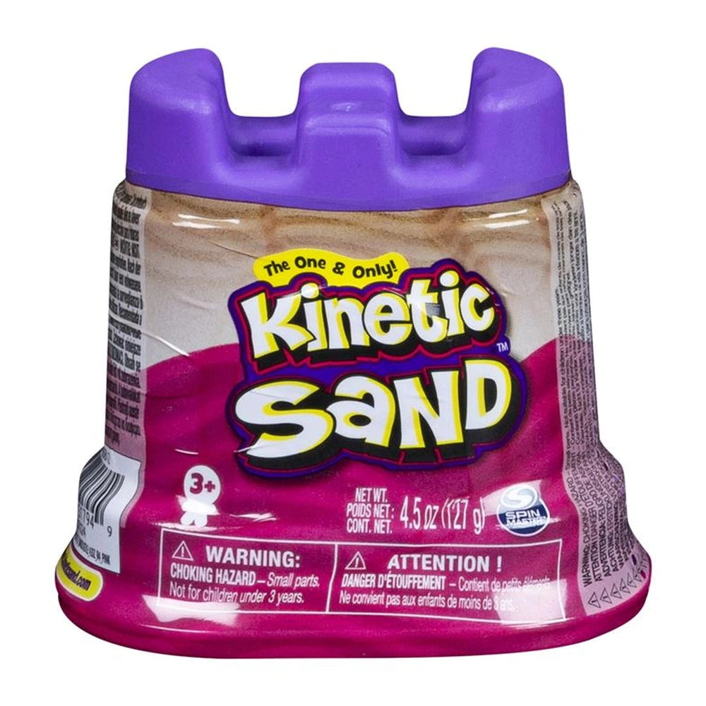 Kinetic Sand container with a purple cap, featuring a gradient design and a warning label for small parts hazard.