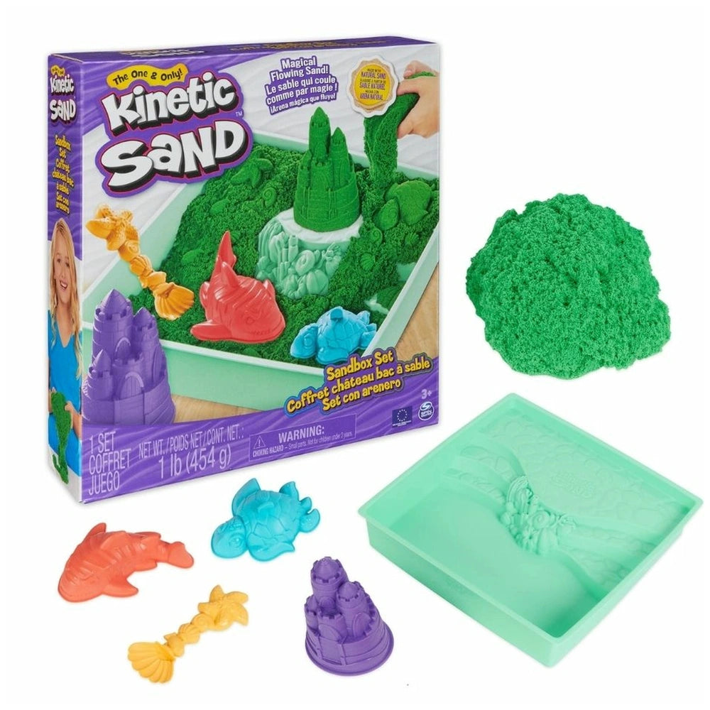 Kinetic Sand Sandbox Set features a green sandbox, scoop, and sea creature molds on a white surface.