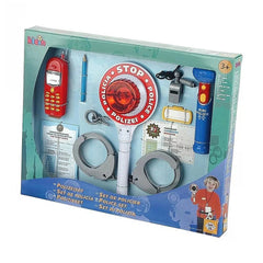 Klein Police Set 10 Pcs includes colorful badges, walkie-talkies, and vehicles in a blue cardboard packaging with a plastic w