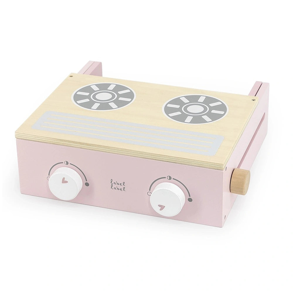 Foldable pink cooker toy with white and gray circular designs, featuring knobs and cutouts for role-playing fun.