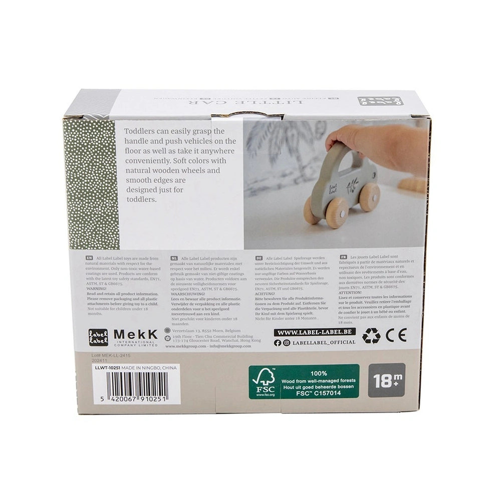 Little Car push and pull toy in a white box with a clear window, featuring natural wooden wheels and eco-friendly materials.