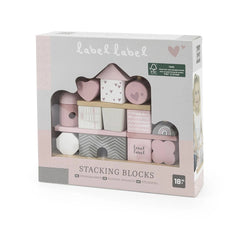 Label-Label Stacking Blocks House in matte cardboard packaging with glossy accents, featuring pink, gray, and white blocks.