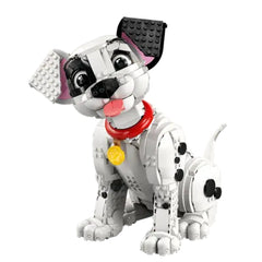 LEGO construction set features a stylized white dog with black and pink accents, a red collar, and an open mouth revealing a 