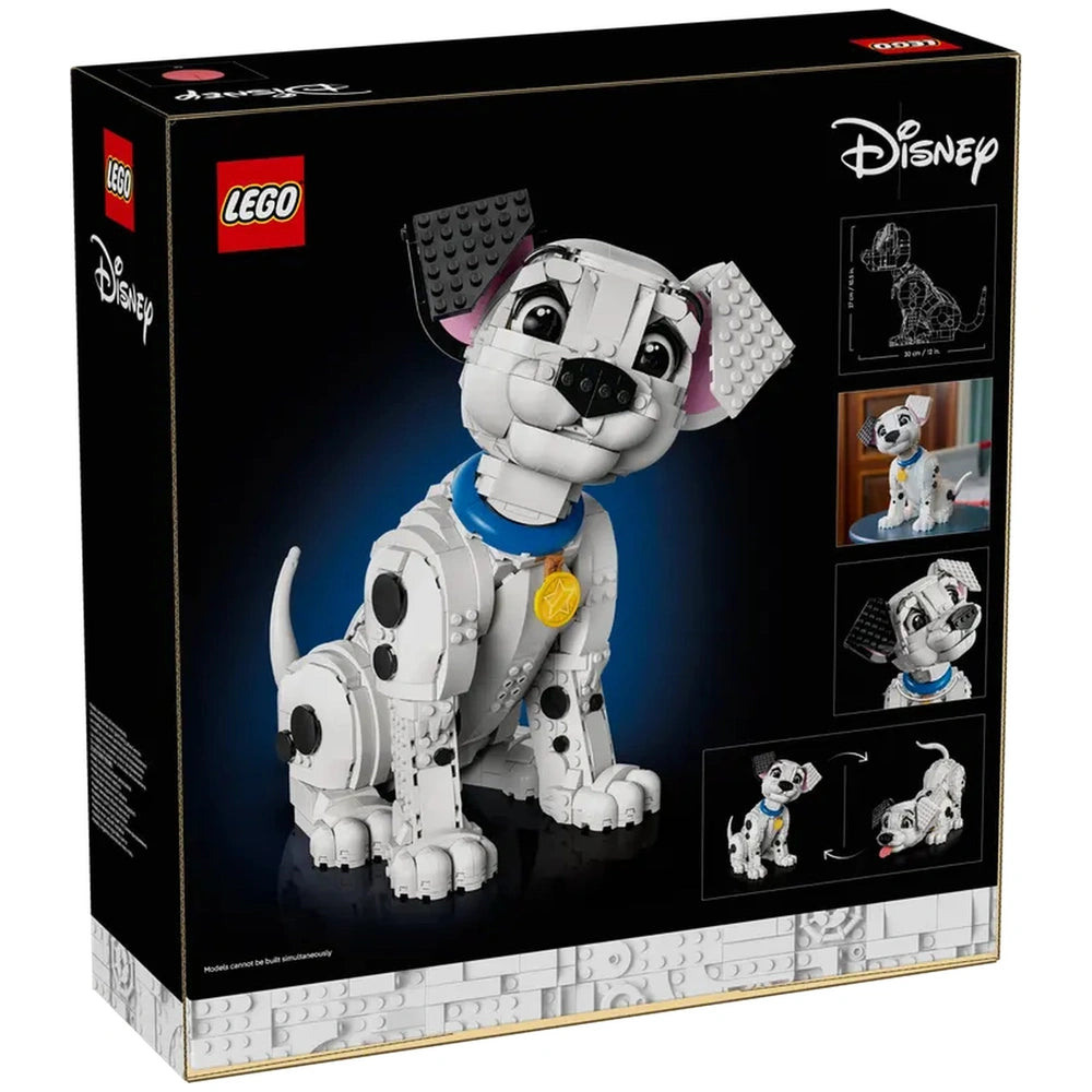 LEGO Disney dog toy set features a Dalmatian design with black spots, displayed in a black box with a clear plastic window.