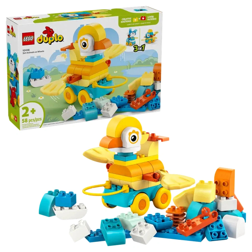 LEGO Duplo 3in1 Animals on Wheels set in colorful packaging with a clear window showcasing various bricks and a manual.