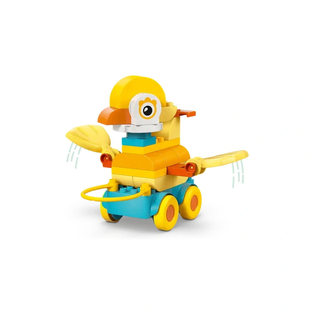 LEGO 3in1 Animals on Wheels features a cartoonish character with a yellow body, blue accents, and a playful expression.