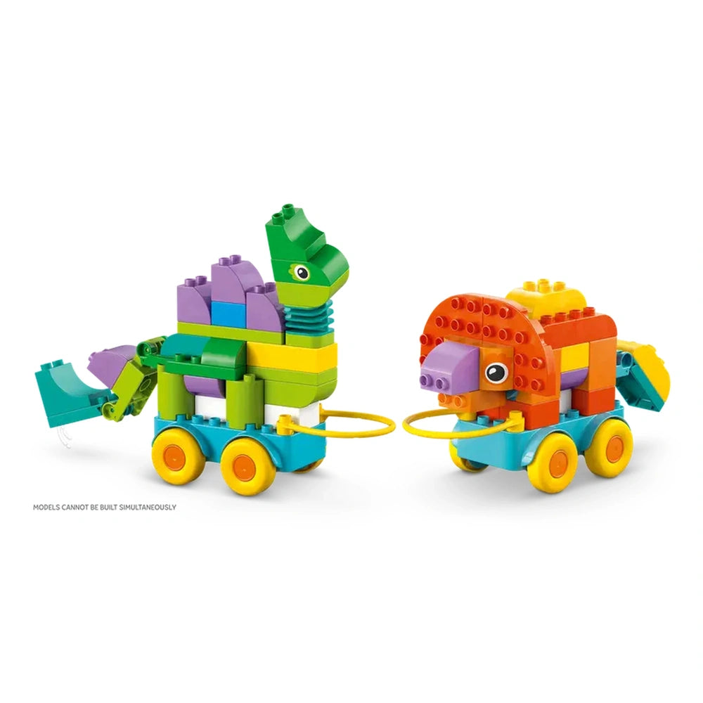 LEGO dinosaur and fish toys interact, featuring vibrant colors and yellow wheels, showcasing a playful 3in1 design.