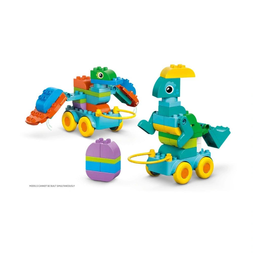 LEGO 3in1 Dinosaurs-on-Wheels set features two colorful vehicles with yellow wheels against a white background.