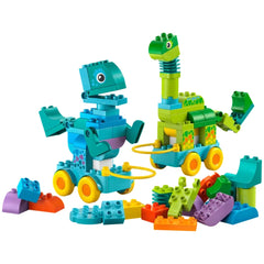 LEGO construction set features a vibrant dinosaur and vehicle, showcasing blue, green, and yellow pieces in a playful arrange