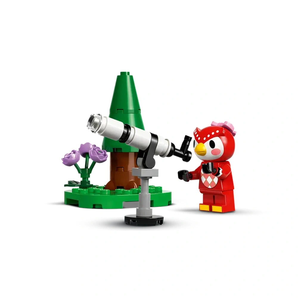 Lego Animal Crossing set features a red bird and purple flower figures beside a metallic telescope on a grassy surface.