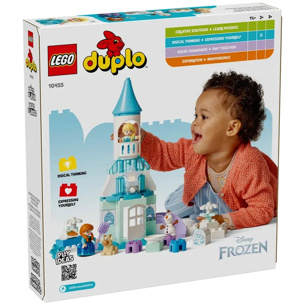 LEGO Duplo set box featuring colorful graphics and text, themed around Frozen, with visible logos and playful symbols.