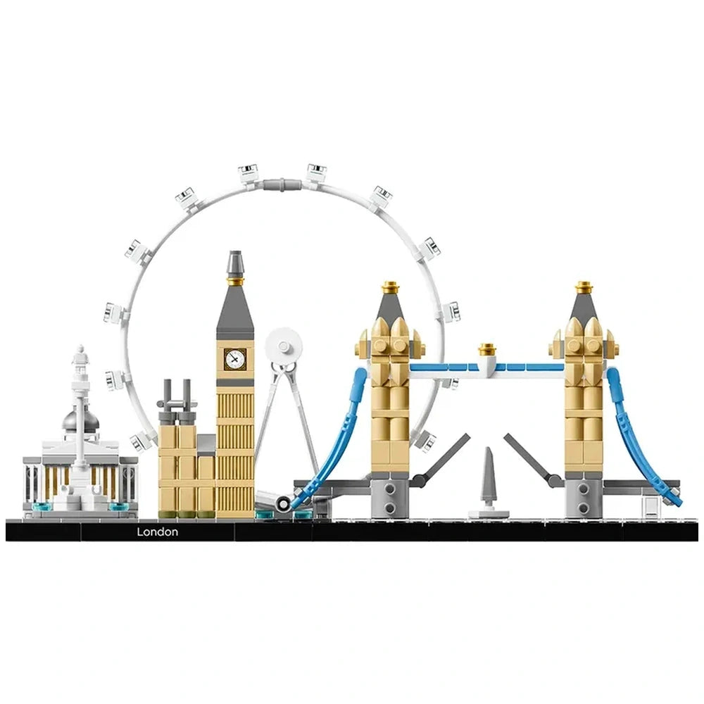 Lego Architecture London model features iconic skyline structures on a circular platform against a white background.