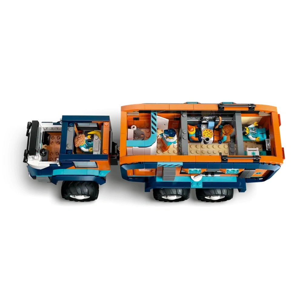 LEGO Arctic Explorer Science Lab Truck features an orange and blue truck alongside a smaller subdued car against a white back