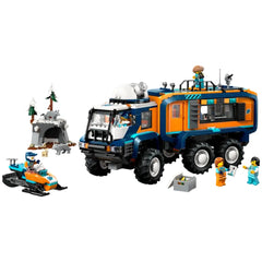 LEGO Arctic Explorer Science Lab Truck set features a vibrant blue and orange truck with various figures and accessories.