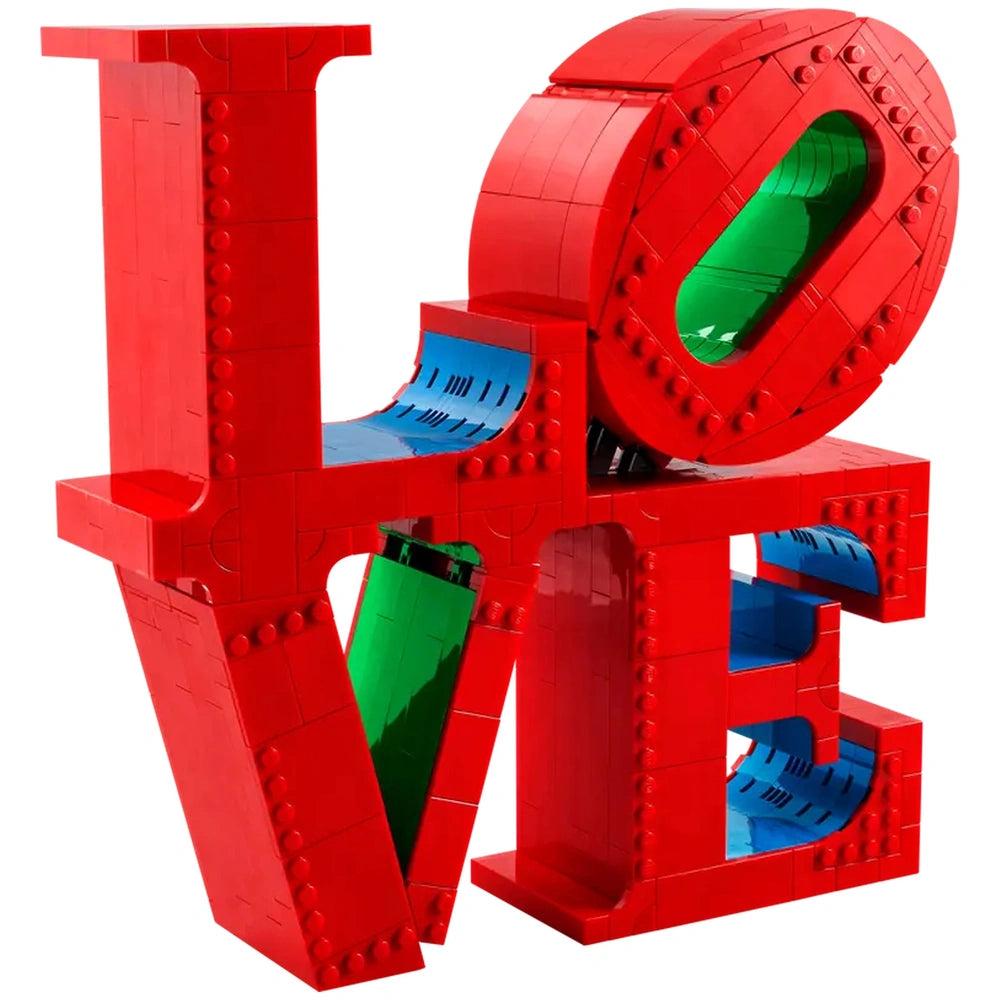 Lego construction set featuring interlocking red and green bricks forming the stylized word "LOVE."