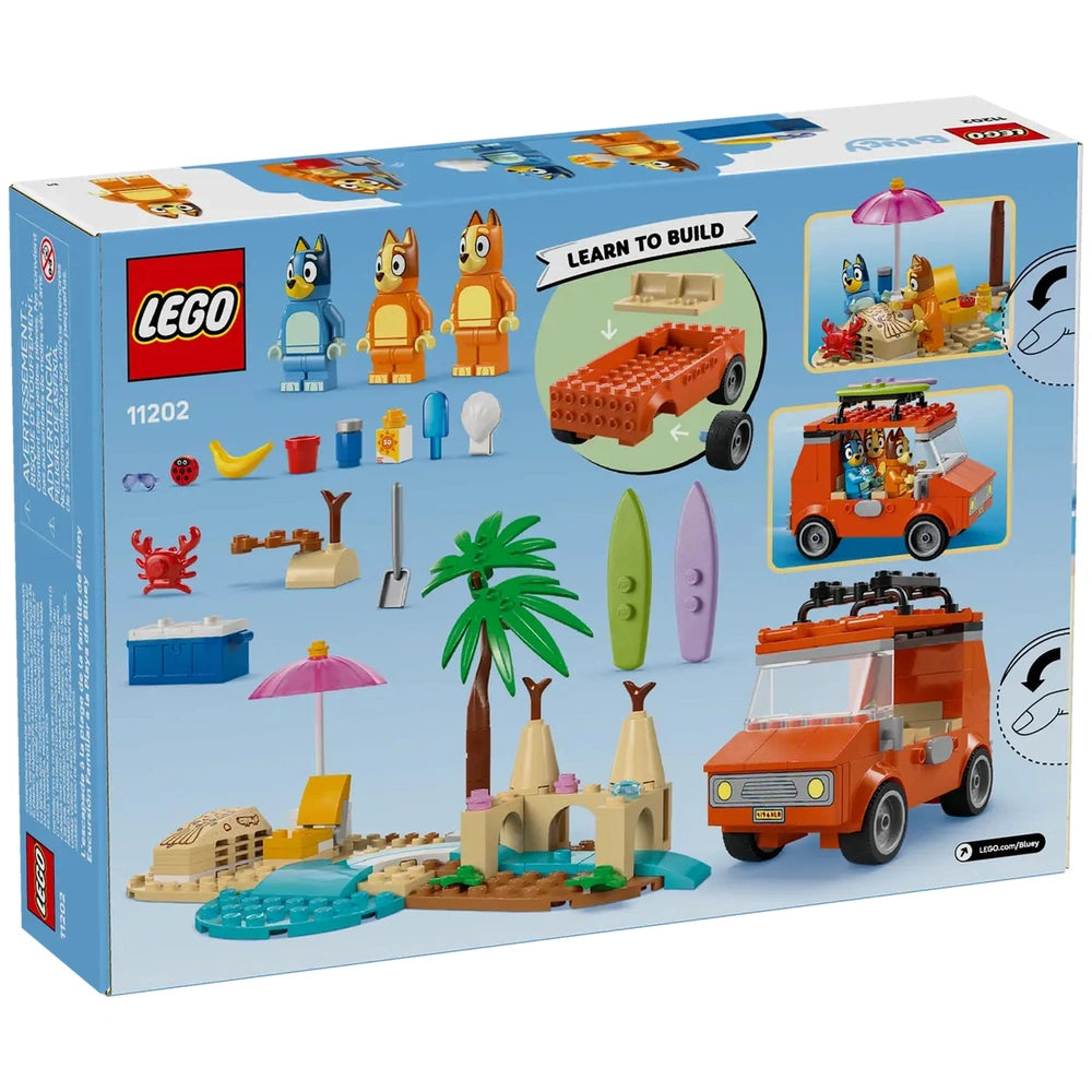 LEGO Bluey's Beach & Family Car Trip set with colorful building blocks, minifigures of Bluey, Bingo, and Chilli, a bright orange car with surfboards, and beach accessories like a palm tree, sandcastle, and cooler.