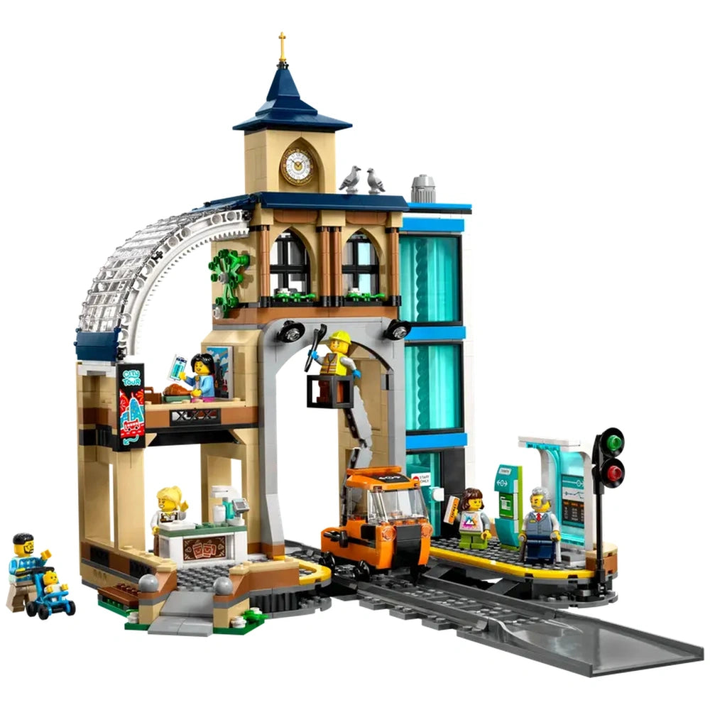 LEGO City Central Train Station set features a vibrant three-level building with a clock tower, coffee bar, and maintenance railcar.